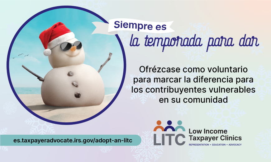 Imagen de un muñeco de nieve en la playa con un gorro de Papá Noel y gafas de sol promocionando la oportunidad de ser voluntario en LITC.