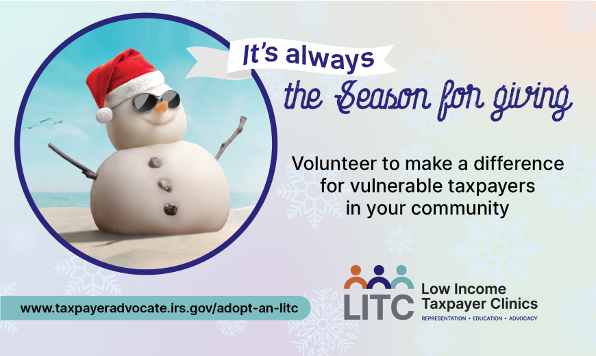 image of snowman on the beach wearing a santa hat and sunglasses promoting the opportunity to volunteer with the LITC