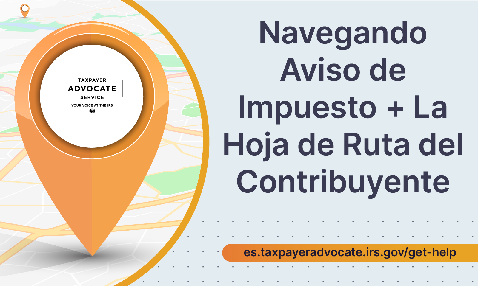 Imagen del mapa a la izquierda con un marcador de mapa con el logotipo del servicio del defensor del contribuyente en el medio. En el lado derecho está el título y la URL de la página de ayuda de TAS.