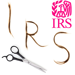 Pink IRS logo upper right-hand corner; letters I R S in brunette hair; hair scissors with black handles