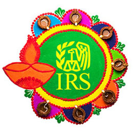 Rangoli design with yellow IRS logo in the center. 