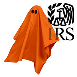 Orange ghost flying in front of black IRS logo. 