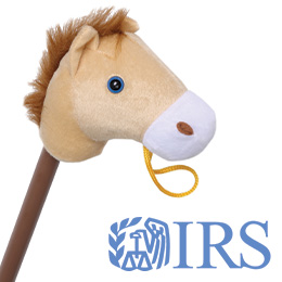 Beige hobbyhorse toy. Blue IRS logo. 