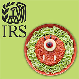 Pasta with sauce and cheese to make it look like a monster face. Black IRS logo.