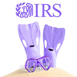 Light purple IRS logo; purple standing flippers and goggles on the sand.