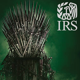 Throne made of swords surrounded by green smoke. Silver IRS logo. 