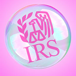 Floating bubble with pink IRS logo inside