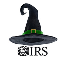 Black pointy witch hat with green buckle. Black IRS logo. 