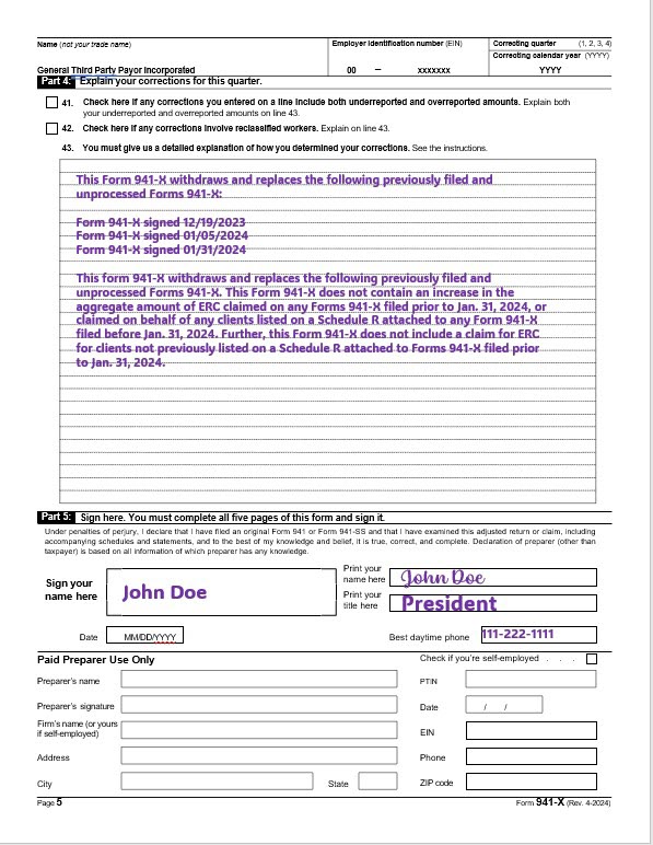 Sample 941-X, Adjusted Employer’s Quarterly Federal Tax Return for Refund, with notations for a supplemental claim on Parts 4 and 5, including required statement language.